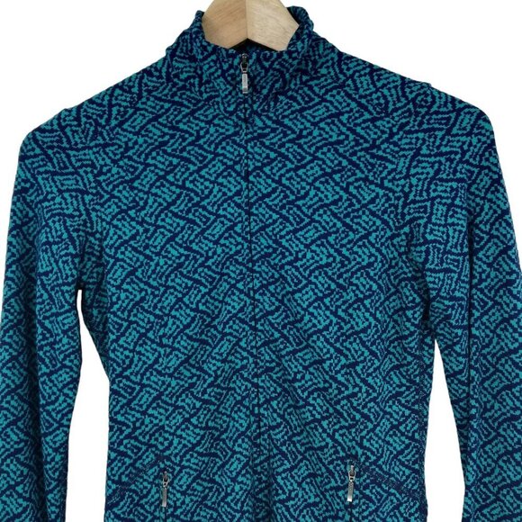 Ibex 100% Merino Wool Zip Up Mock Neck Sweater Size XS Blue Geometric Juliet - Picture 5 of 16